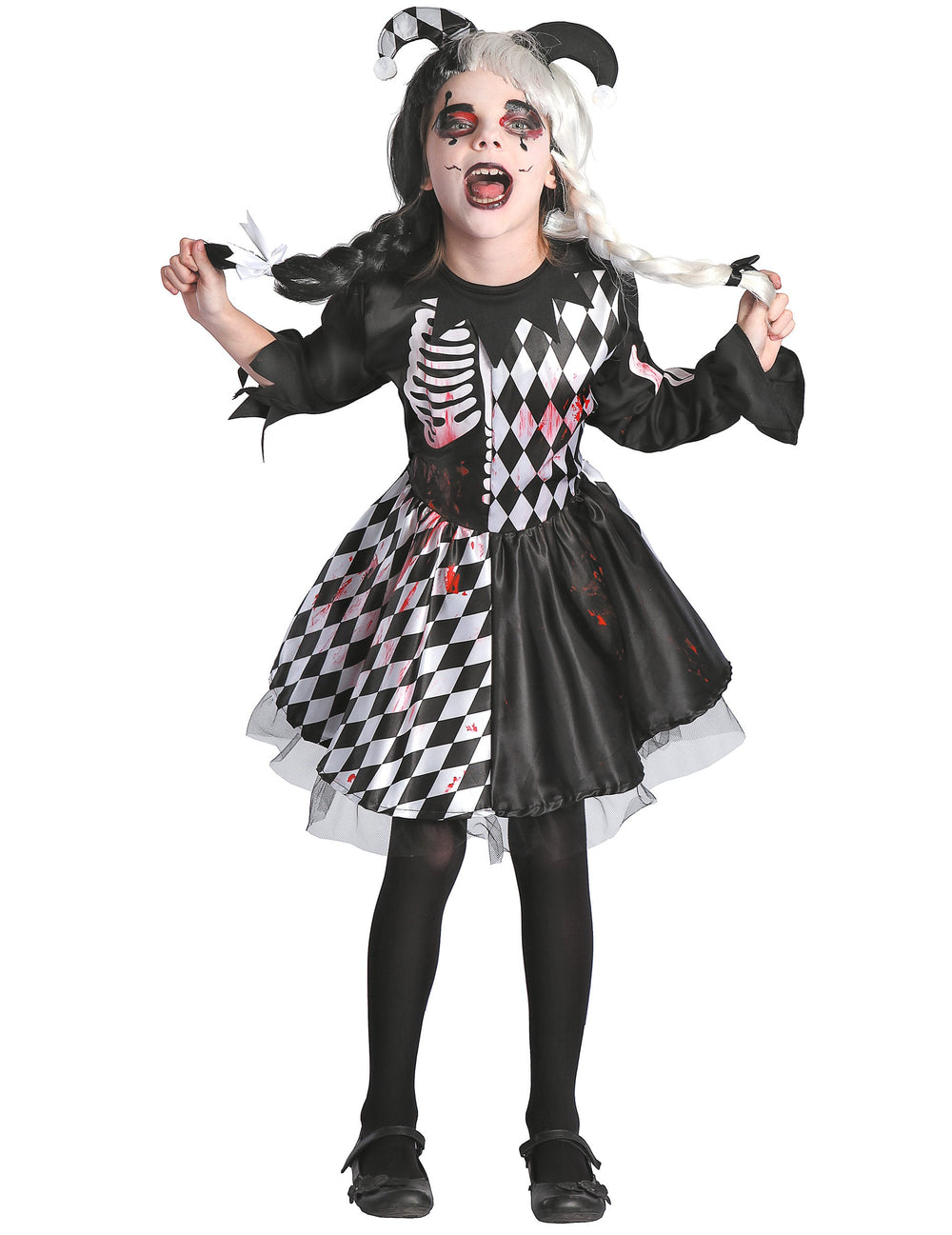 Déguisement arlequin ensanglanté pour fille noir et blanc avec motif squelette