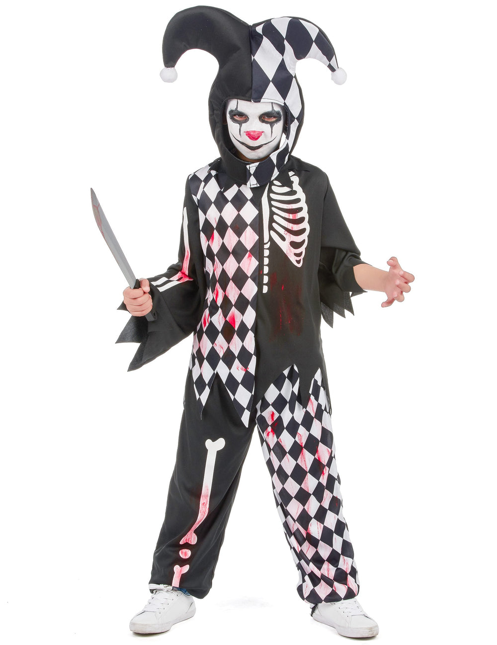 Déguisement d'arlequin ensanglanté pour garçon noir et blanc avec motifs squelette