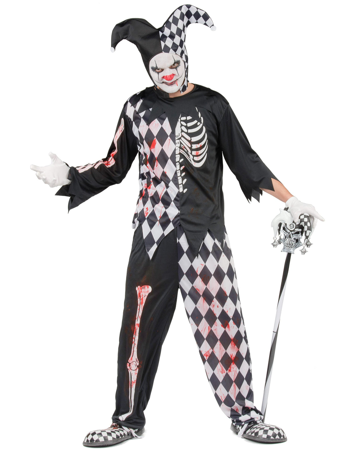 Déguisement arlequin ensanglanté pour homme noir et blanc avec motifs squelette