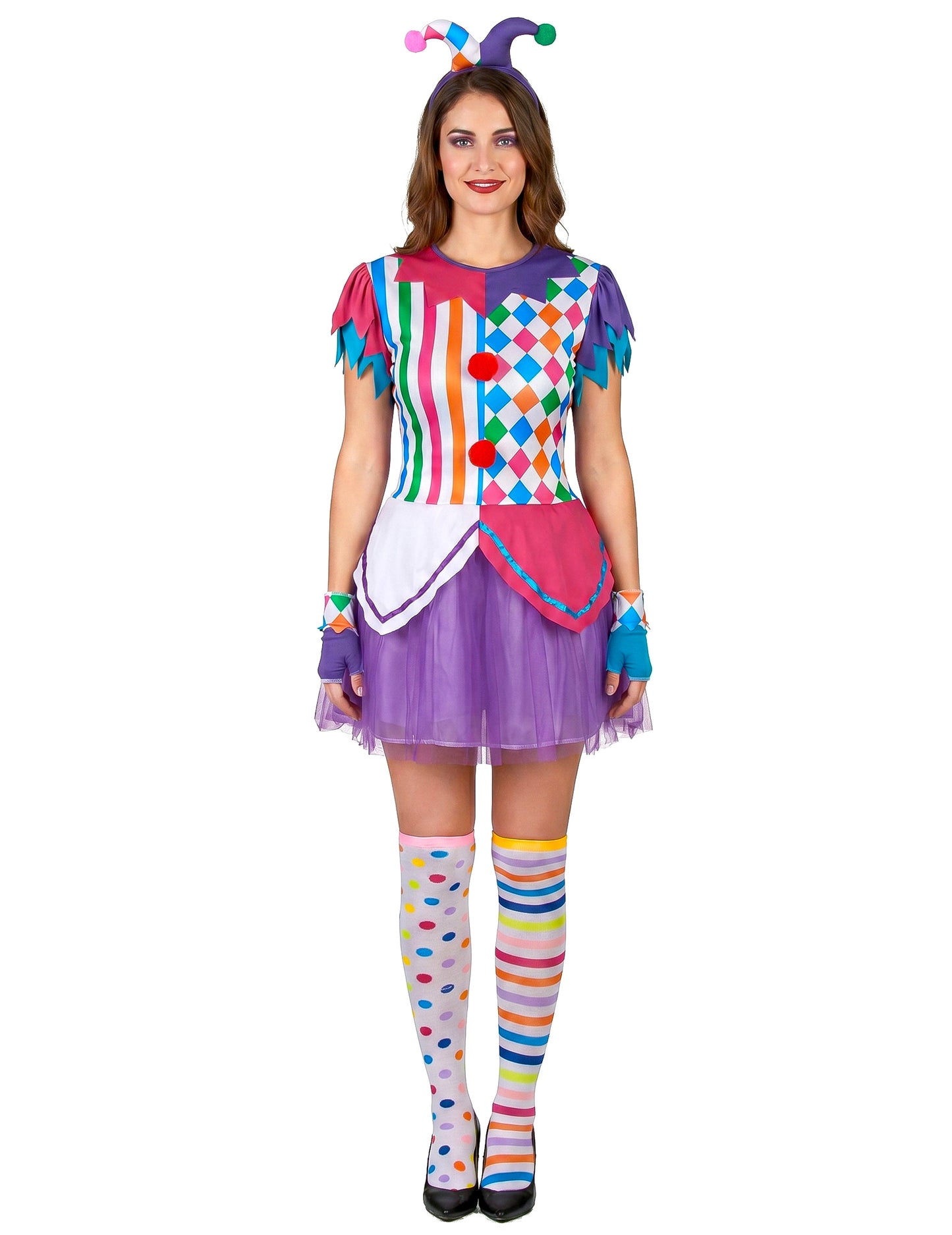 Disfarce Arlequim pompons coloridos mulher