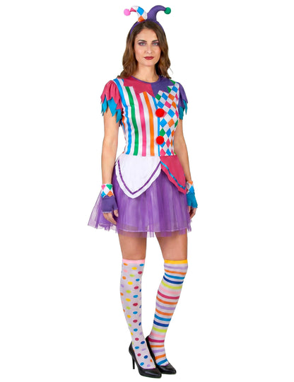 Disfarce Arlequim pompons coloridos mulher