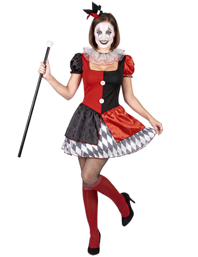 Disfarce arlequim vermelho e preto mulher