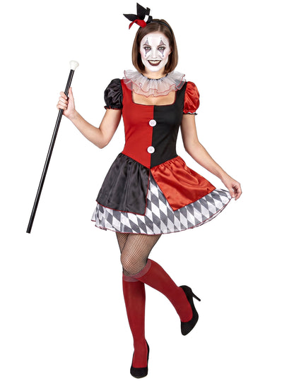 Disfarce arlequim vermelho e preto mulher