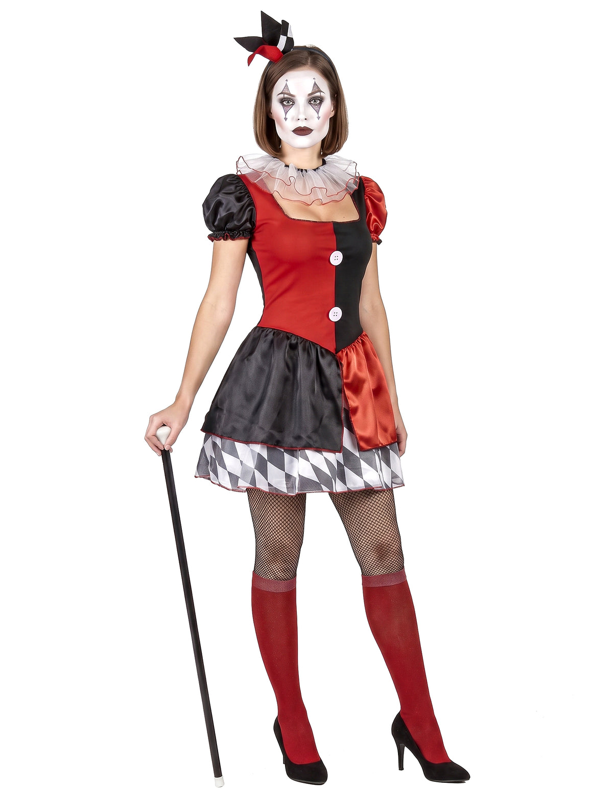 Disfarce arlequim vermelho e preto mulher