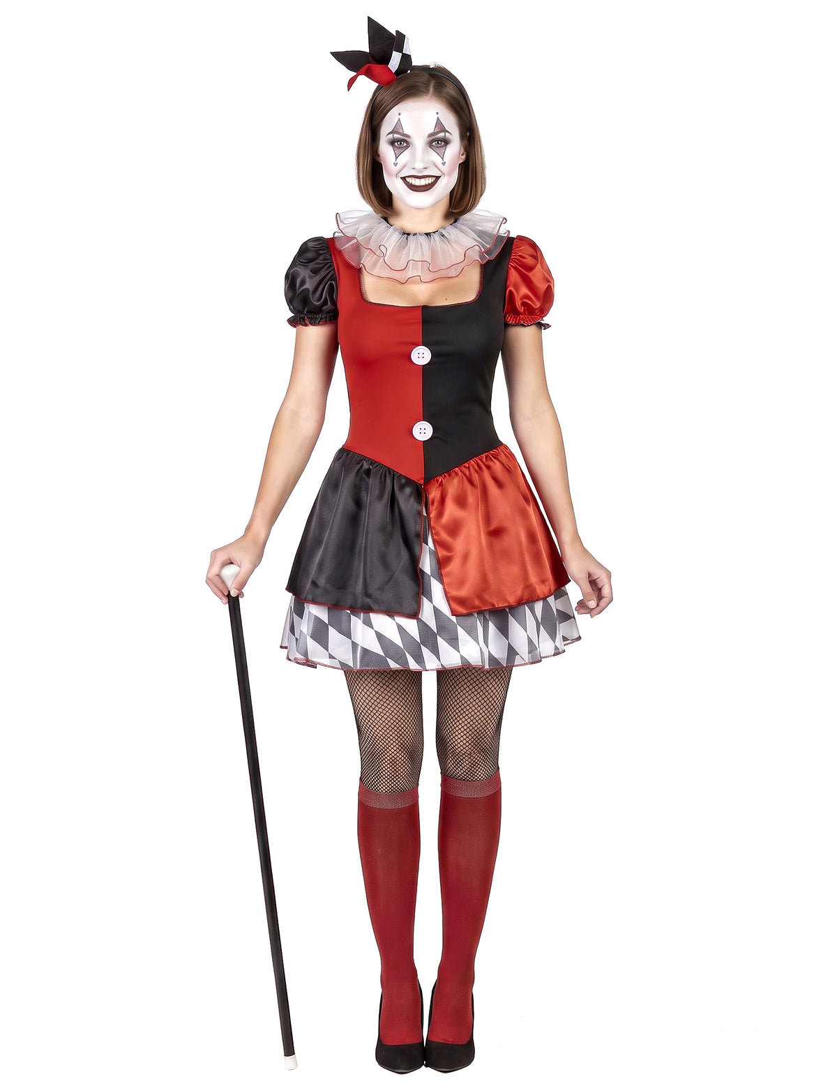 Disfarce arlequim vermelho e preto mulher