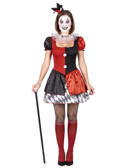 Disfarce arlequim vermelho e preto mulher