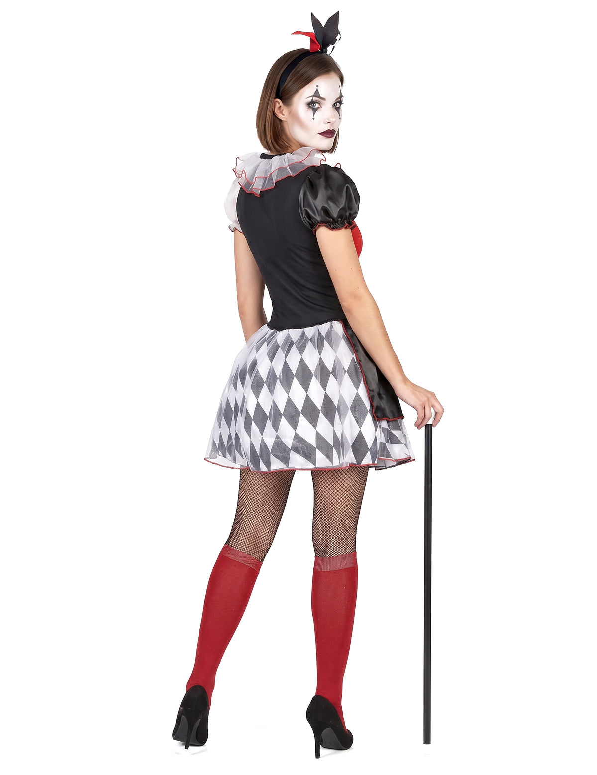Disfarce arlequim vermelho e preto mulher
