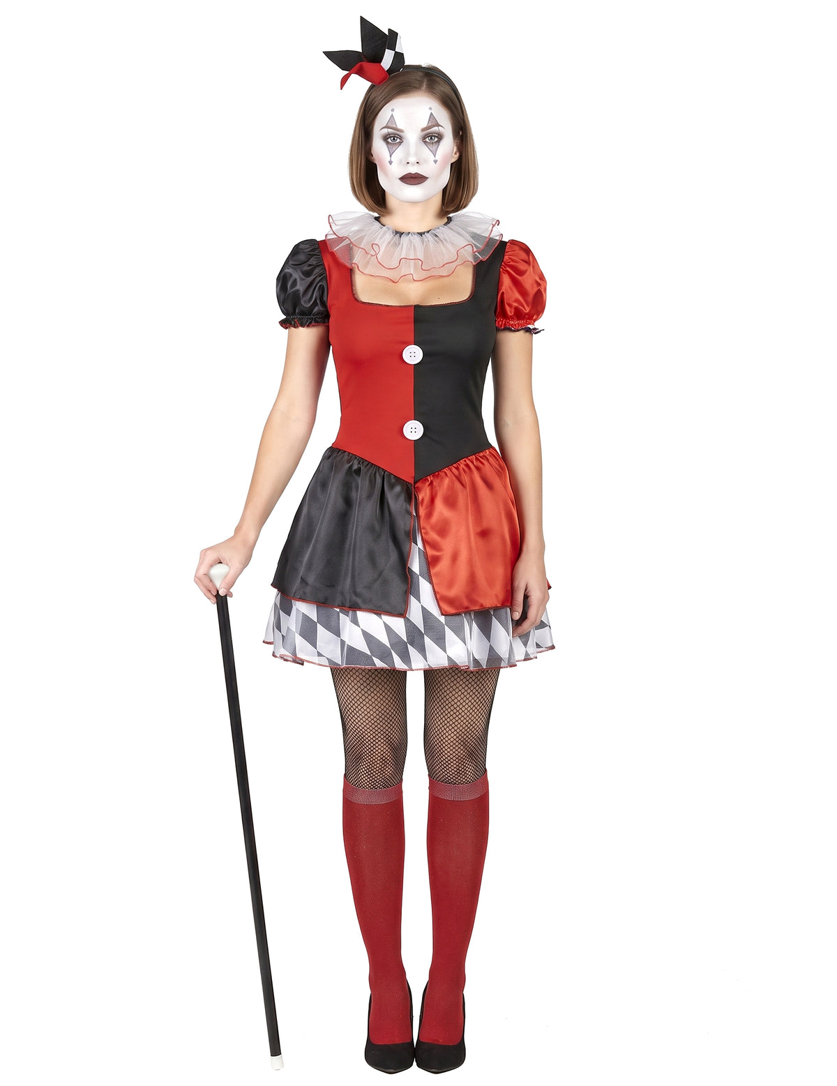 Disfarce arlequim vermelho e preto mulher