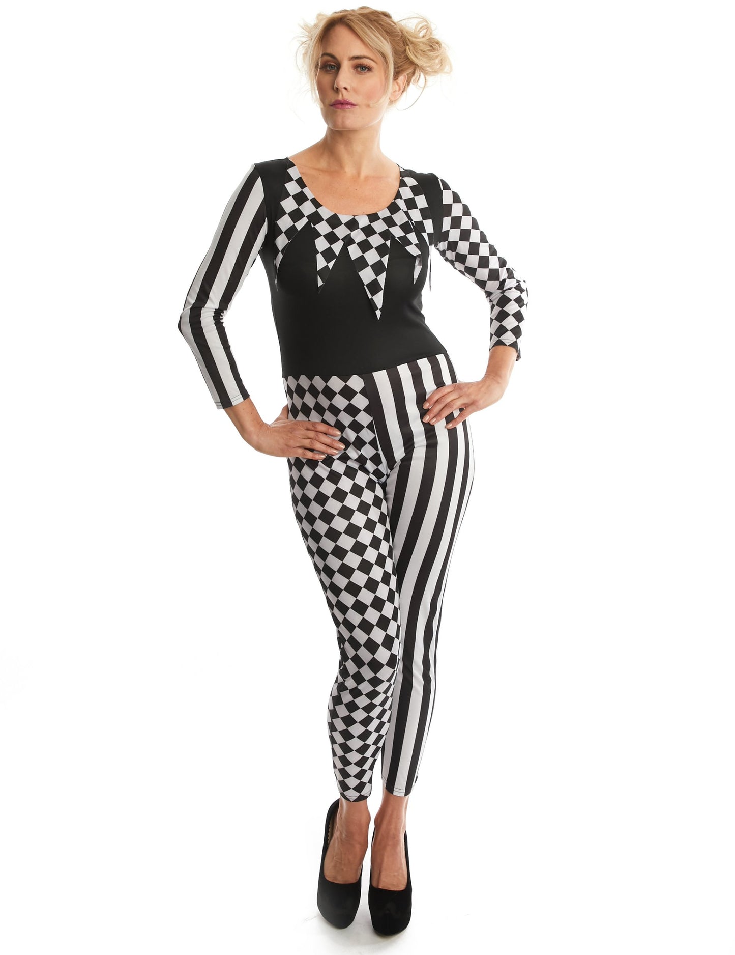 Déguisement arlequine pour femme bicolore noir et blanc à motifs damier et rayures