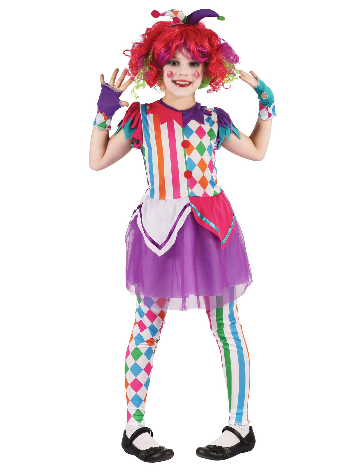 Déguisement arlequine colorée pour fille multicolore avec jupon violet et motifs losanges
