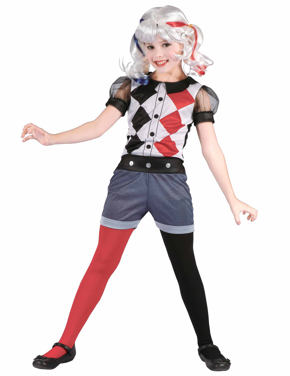 Déguisement Arlequine héroïne pour fille rouge et noir avec short bleu et collants bicolores