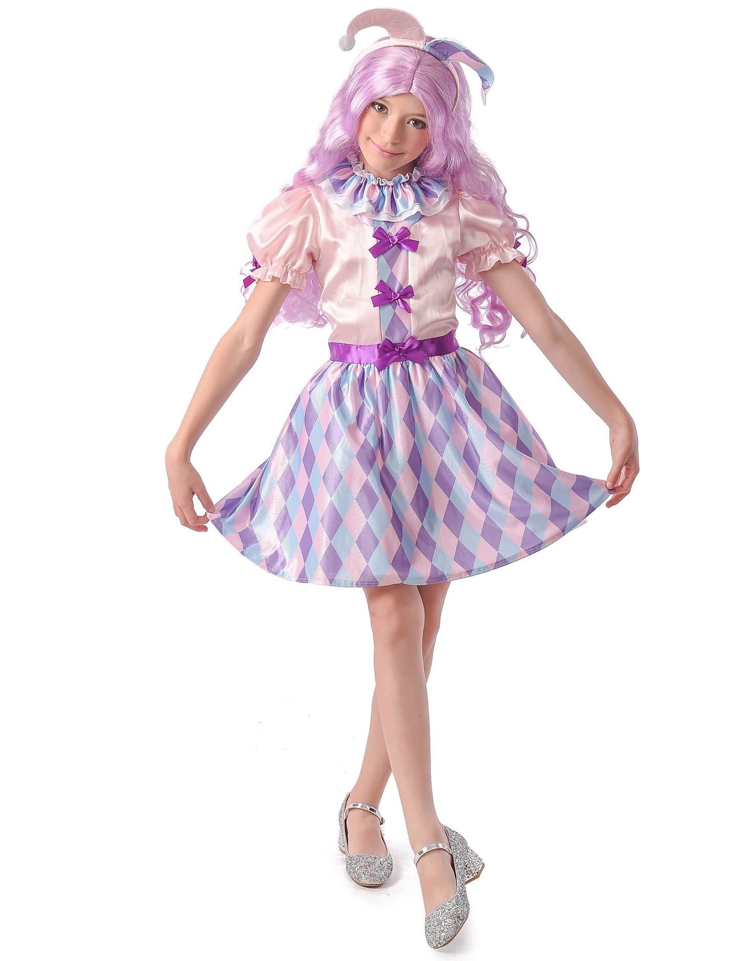 Déguisement arlequine pastel pour fille rose bleu et violet avec serre-tête