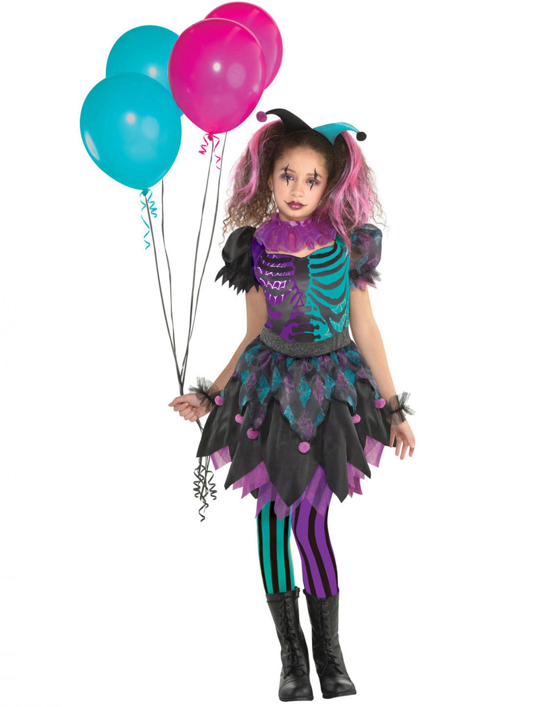 Déguisement arlequine tourmentée pour fille violet et bleu turquoise avec motif squelette