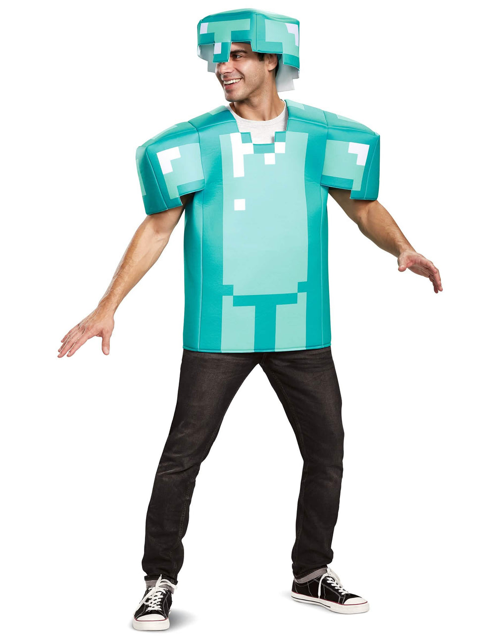 Vista frontal do disfarce de armadura Minecraft para adulto