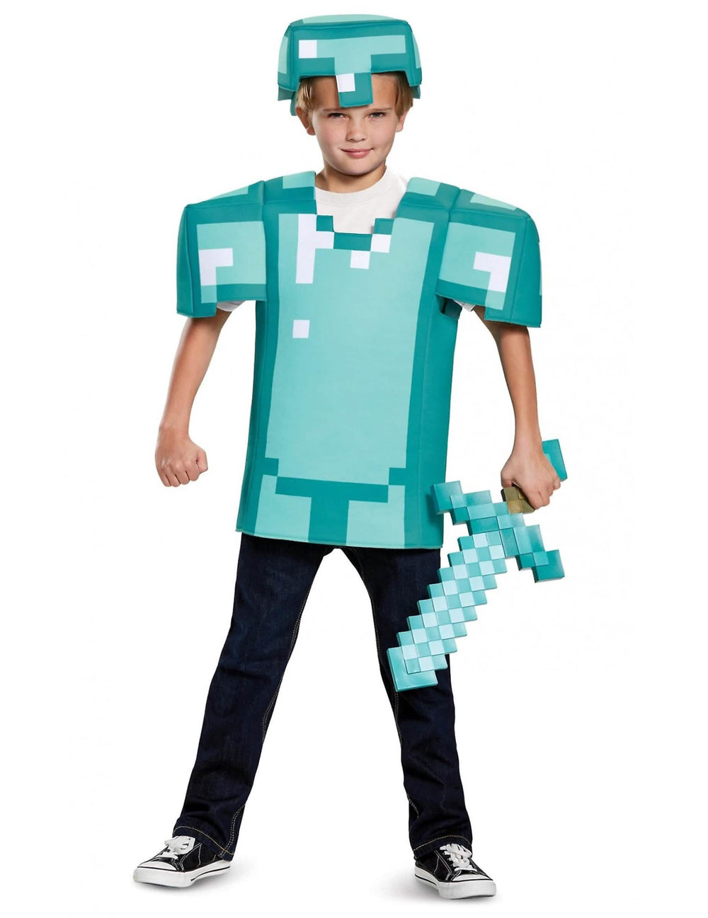 Fato de armadura Minecraft para criança azul-turquesa com capacete e espada