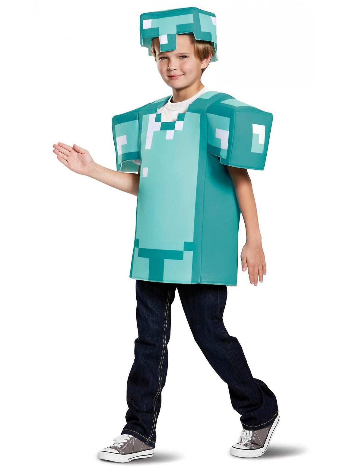 Vista de perfil da fantasia de armadura Minecraft para criança