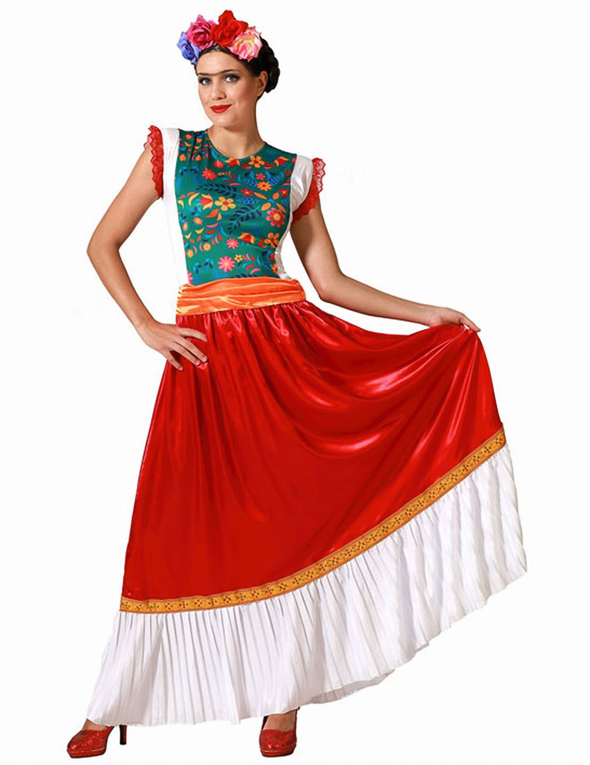 Déguisement artiste Mexicaine pour femme rouge et vert à motifs floraux