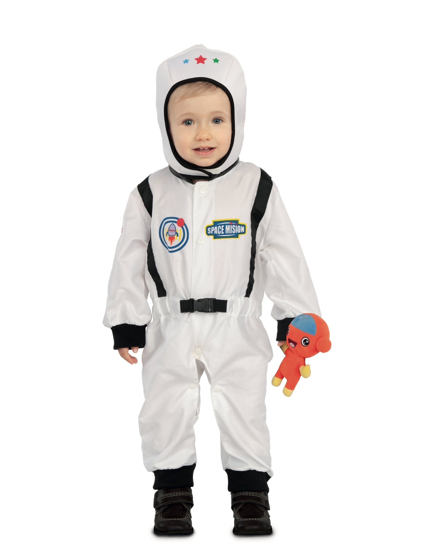 Déguisement astronaute avec petit extraterrestre pour bébé blanc avec détails noirs et peluche orange