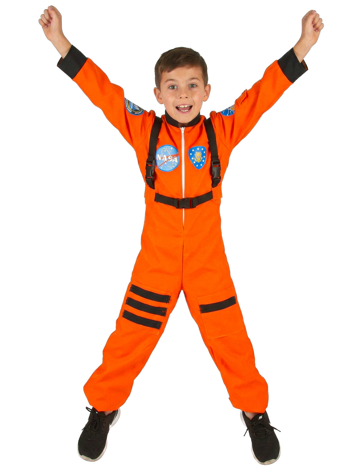 Déguisement d'astronaute pour garçon orange avec harnais noir et écussons NASA
