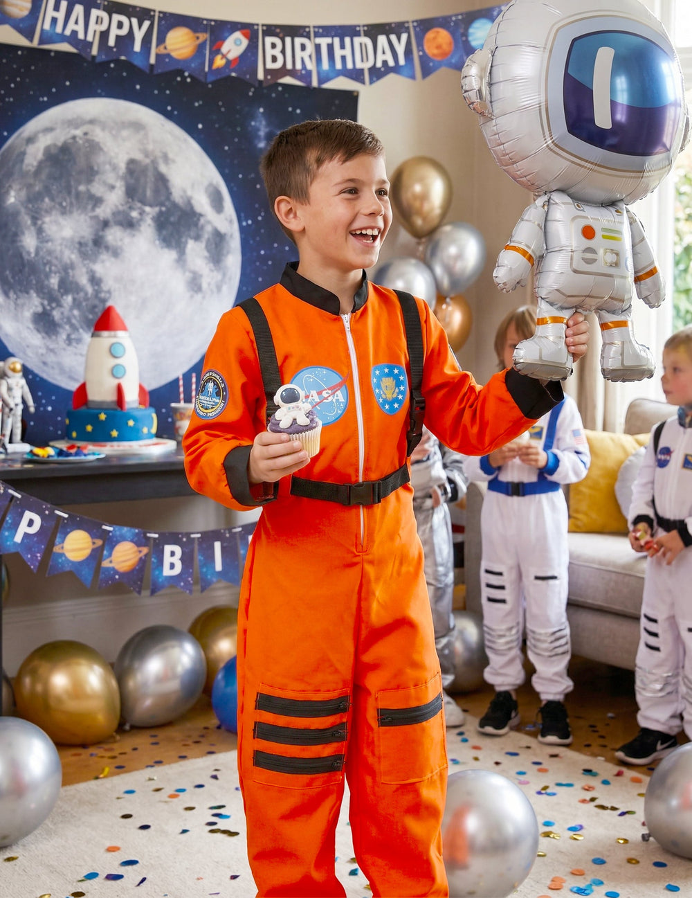 Mise en scène d'anniversaire du déguisement d'astronaute pour garçon orange