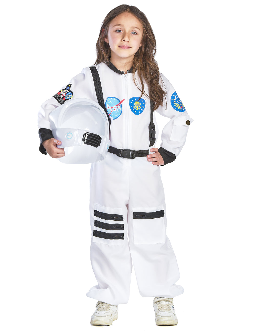 Vue de face avec le casque à la main du déguisement d'astronaute pour enfant