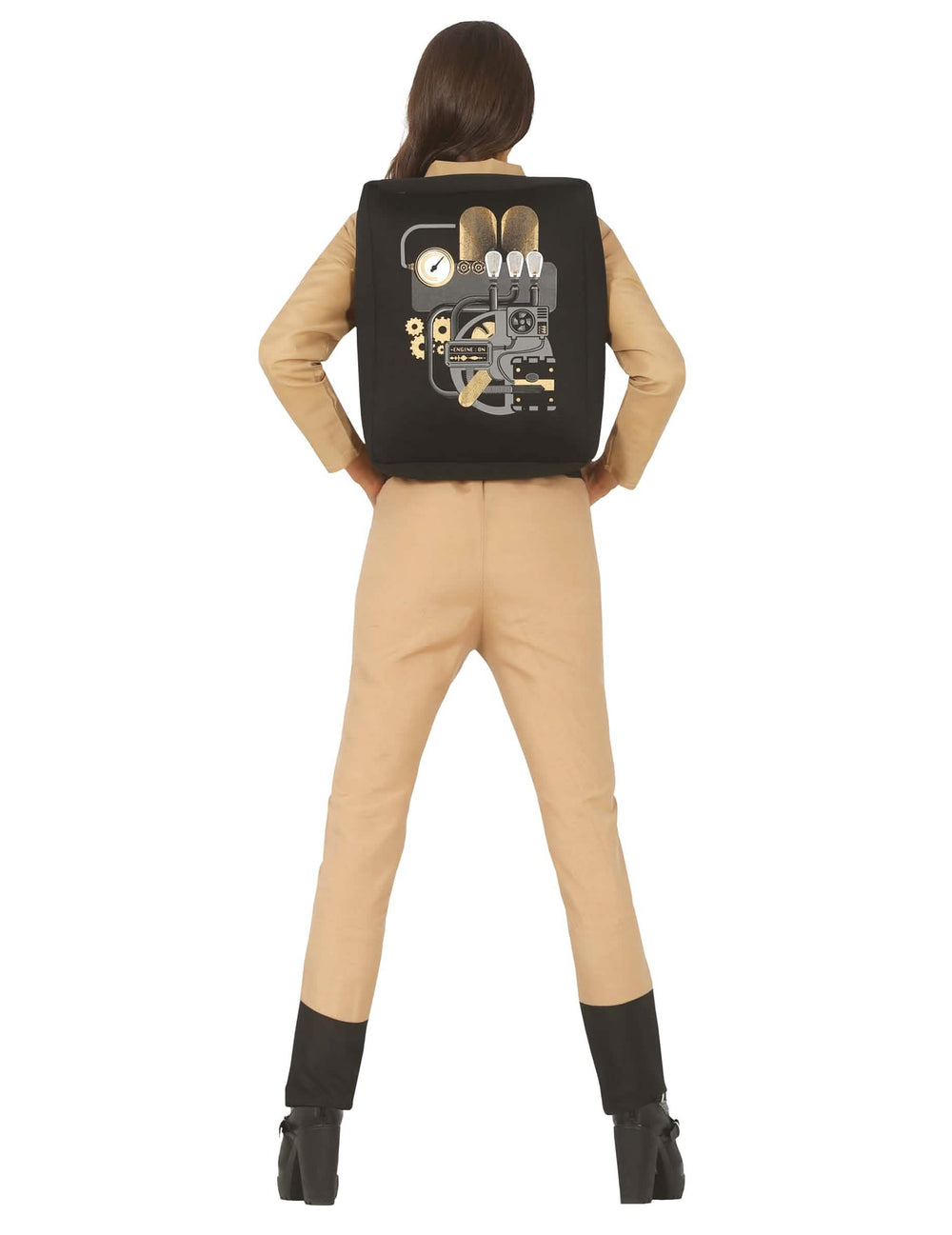 Detalhe da mochila estampada do disfarce de caçador de fantasmas