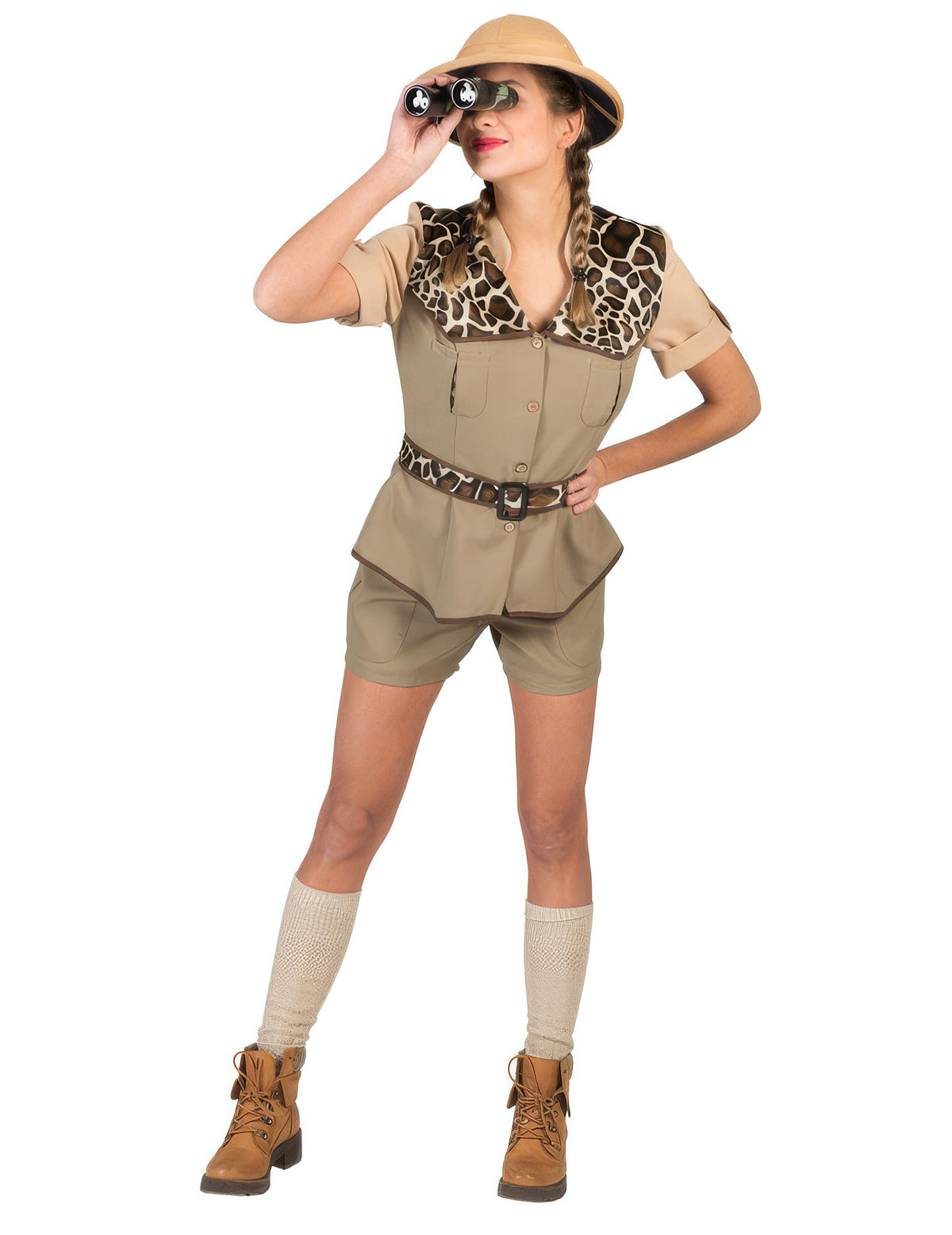 Déguisement aventurière safari pour femme beige à motifs girafe avec chapeau