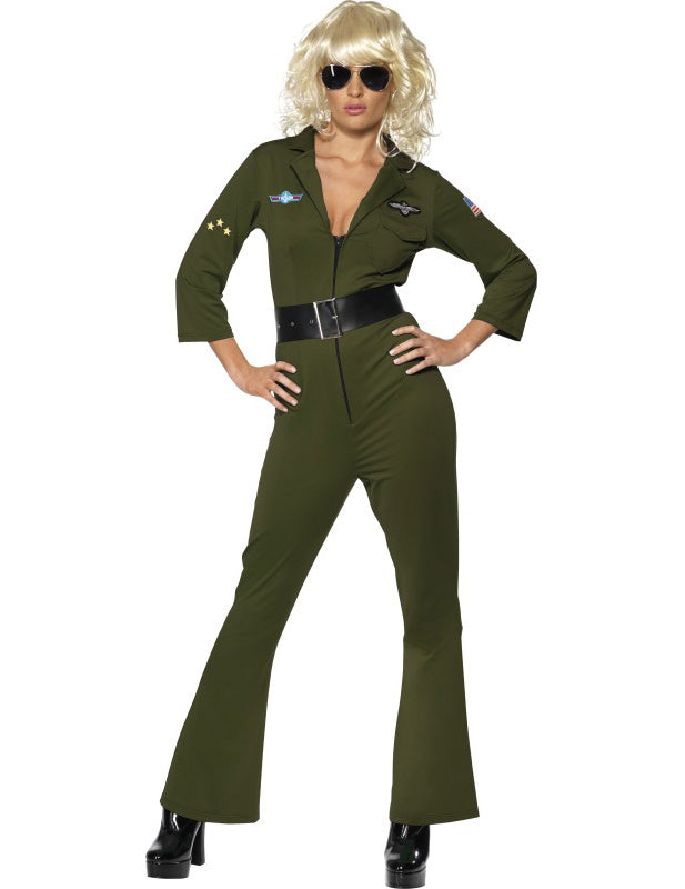 Déguisement aviateur Hottie Top Gun™ pour femme vert kaki avec écussons et ceinture noire