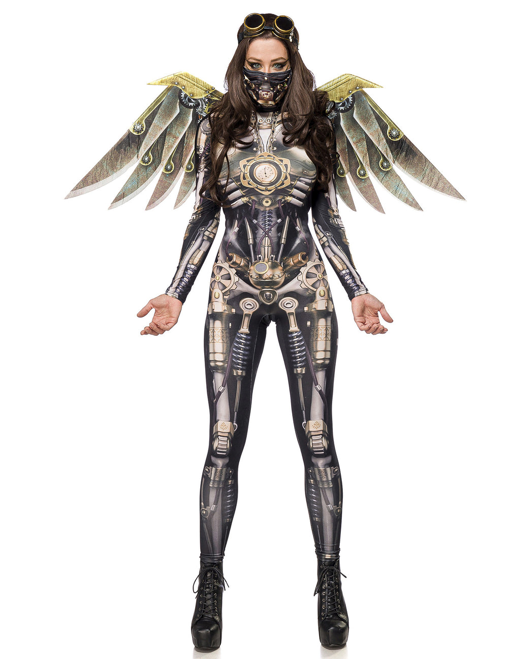 Déguisement aviateur steampunk luxe pour femme gris et doré avec ailes mécaniques