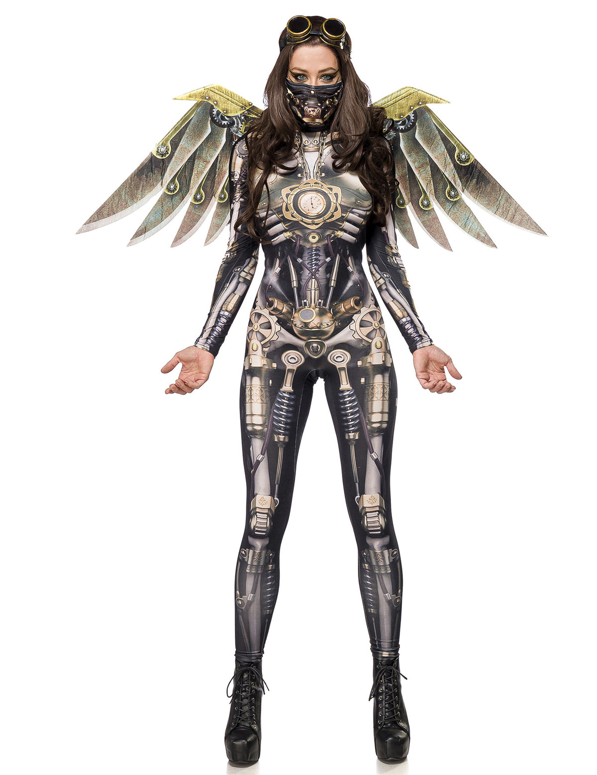 Déguisement aviateur steampunk luxe pour femme gris et doré avec ailes mécaniques