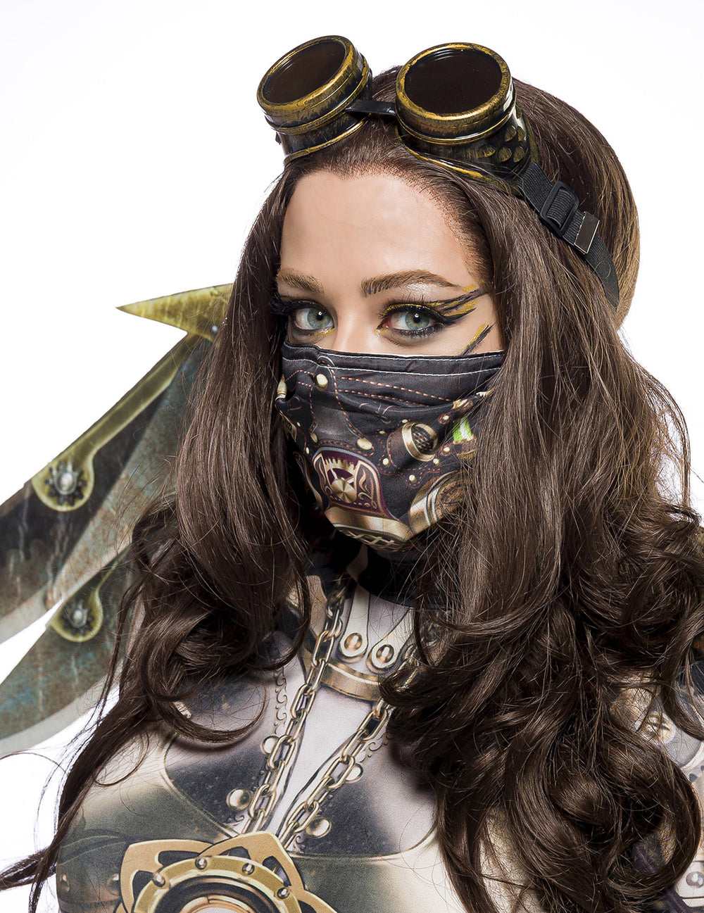 Gros plan sur le masque et les lunettes du déguisement aviateur steampunk luxe