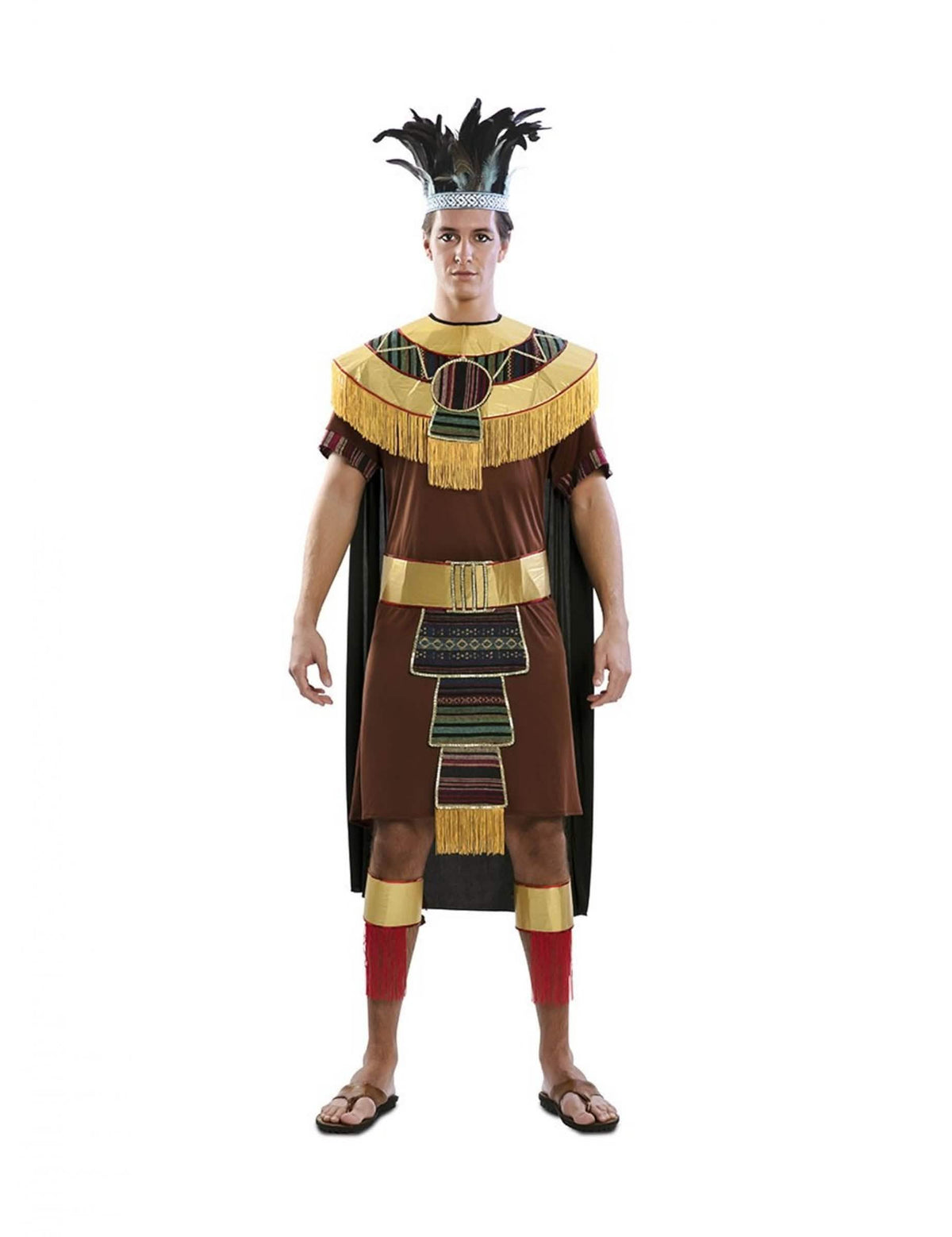 Fato de homem asteca castanho e dourado com toucado de penas