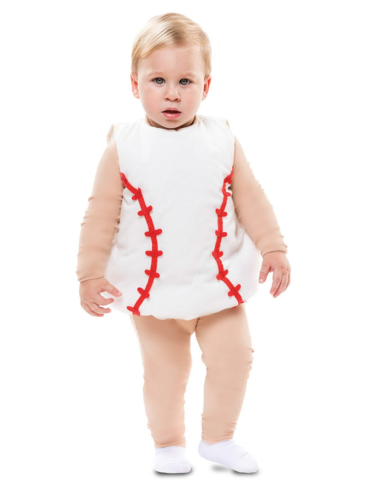 Fato de bebé de bola de basebol branco com costuras vermelhas