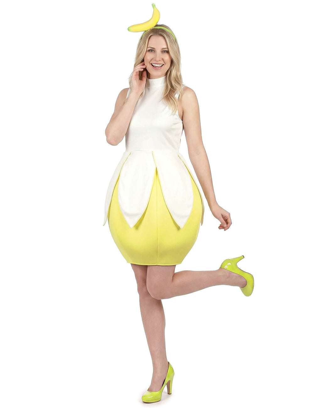 Fato de banana para mulher amarelo e branco com bandolete
