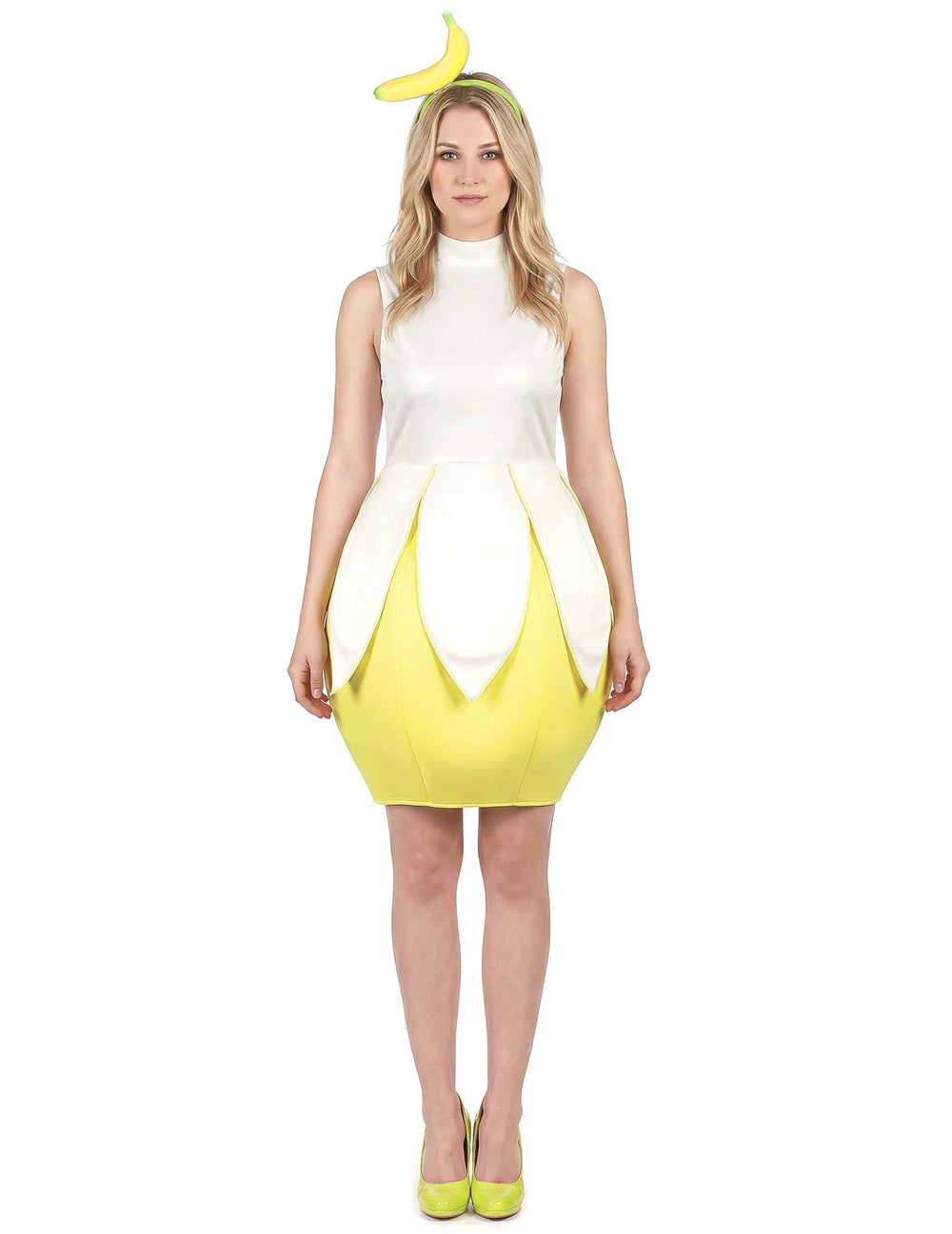Vista de corpo inteiro do fato de banana para mulher