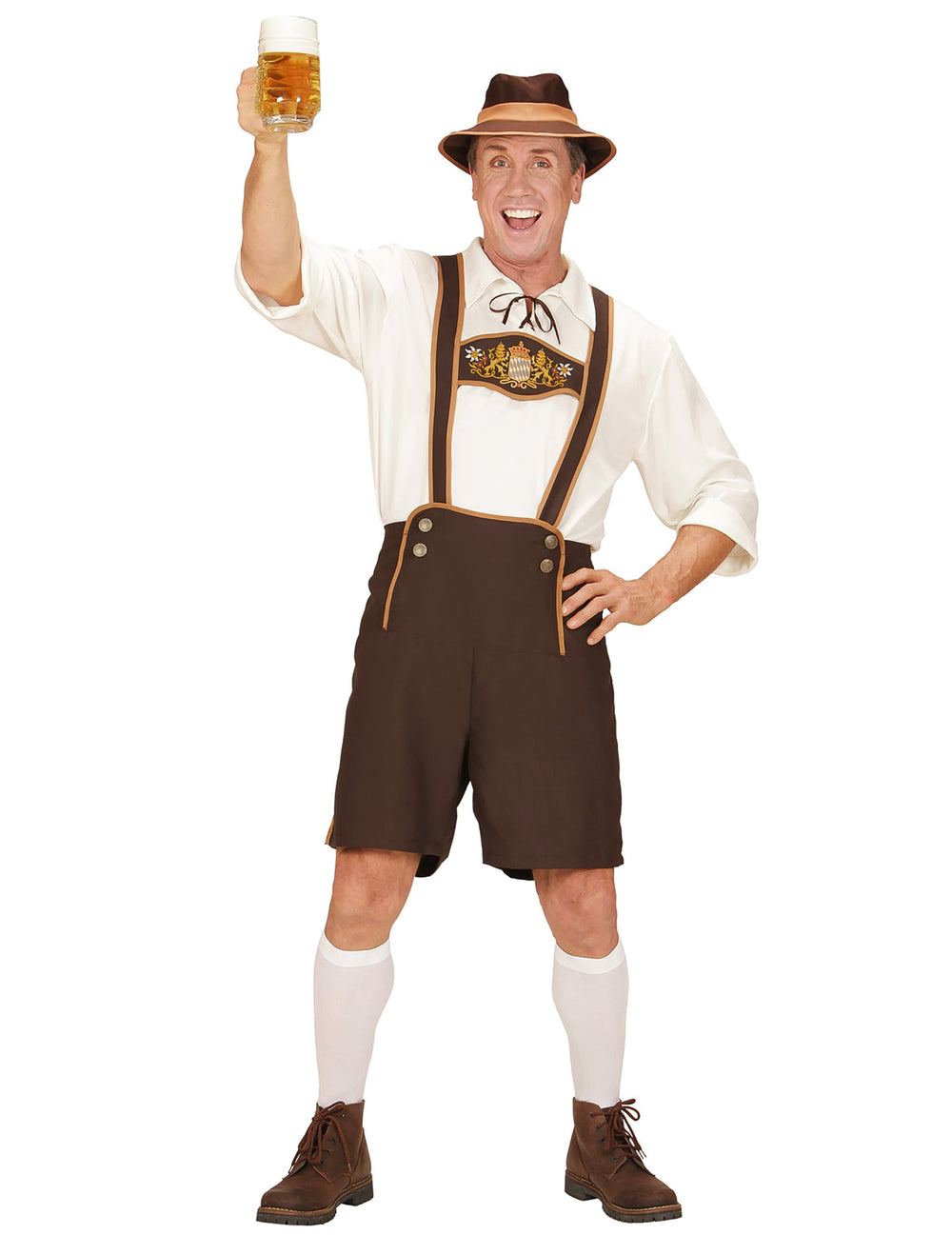Déguisement bavarois pour homme marron avec chapeau et bretelles