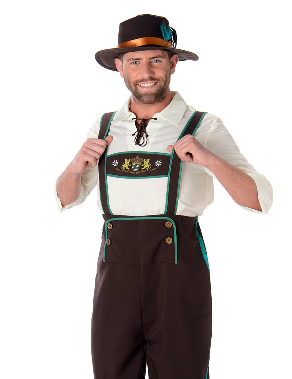 Détail des broderies et des bretelles du déguisement bavarois pour homme