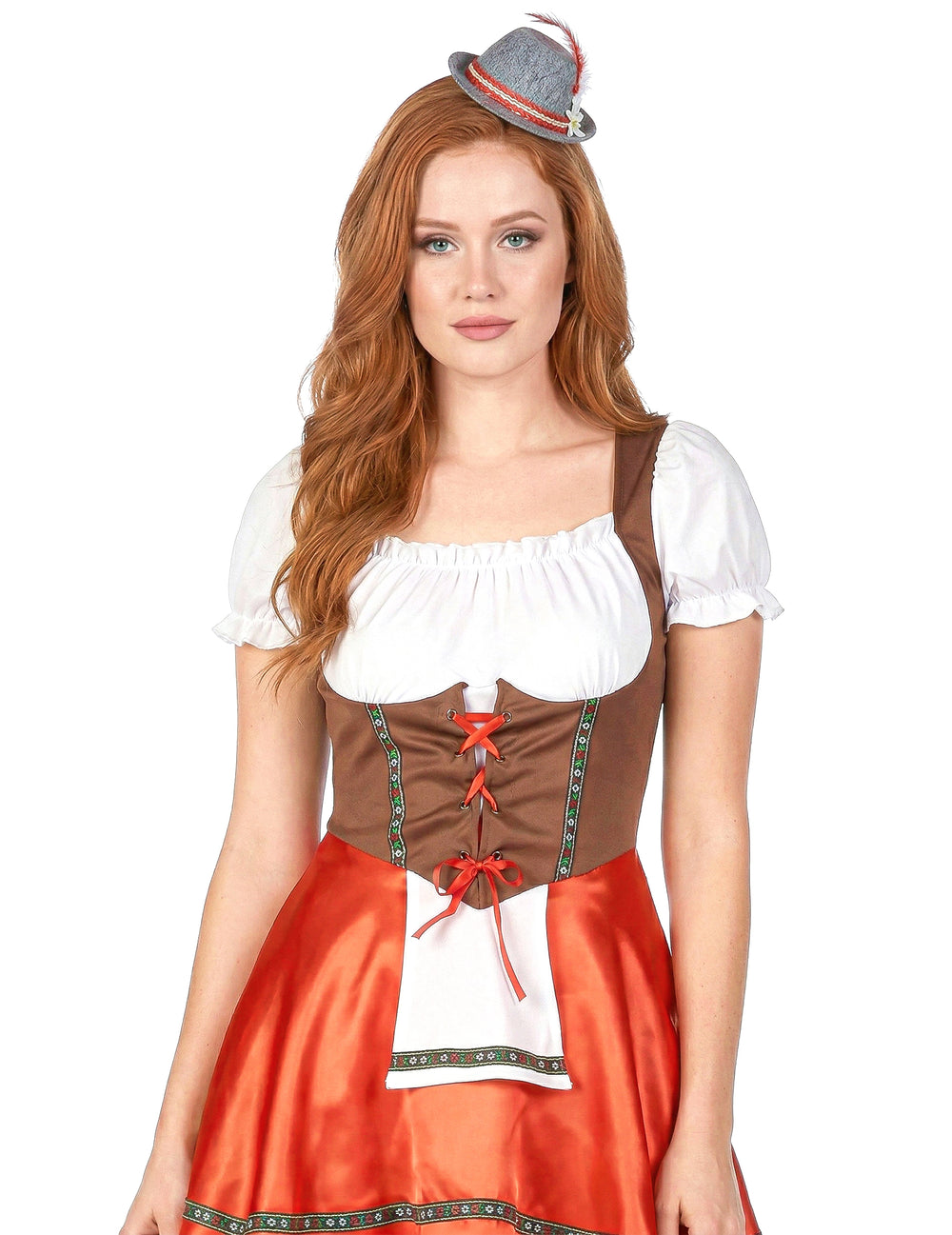Détail du bustier à laçage et du mini chapeau du déguisement de bavaroise classique