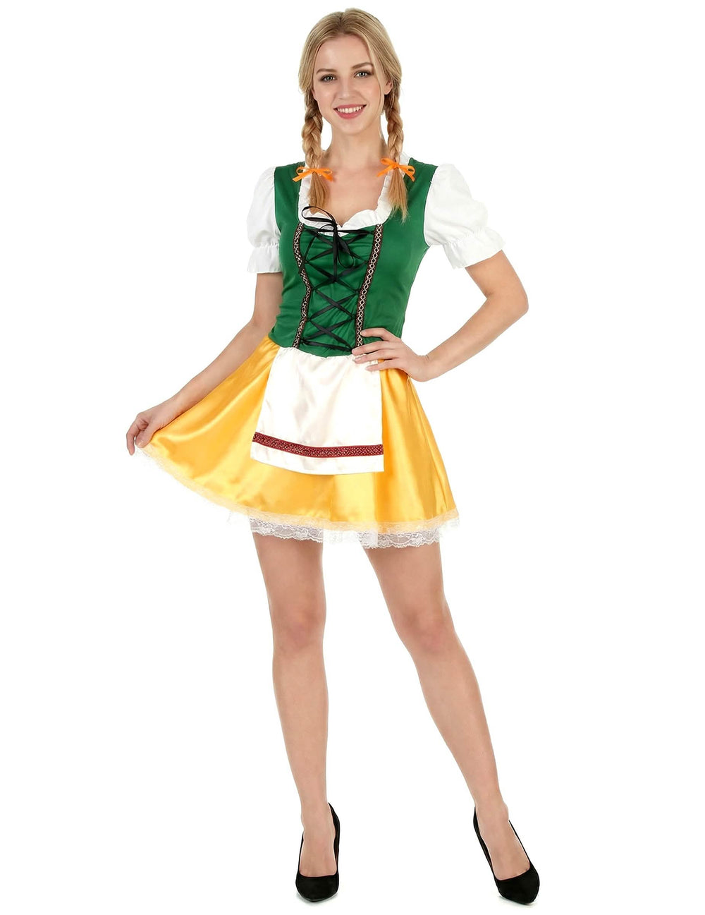 Fato de bavareza para mulher amarelo e verde com avental branco