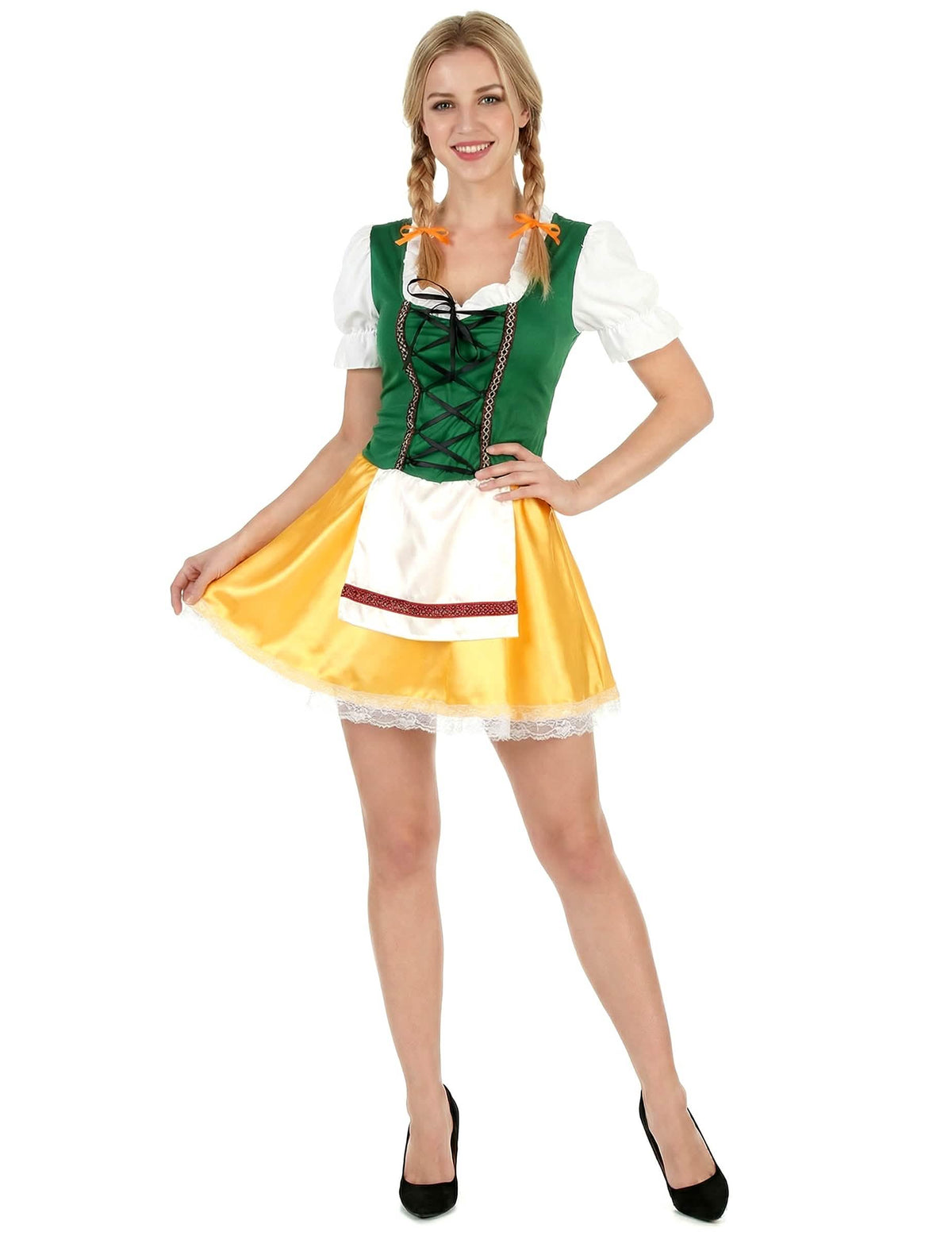 Fato de bavareza para mulher amarelo e verde com avental branco