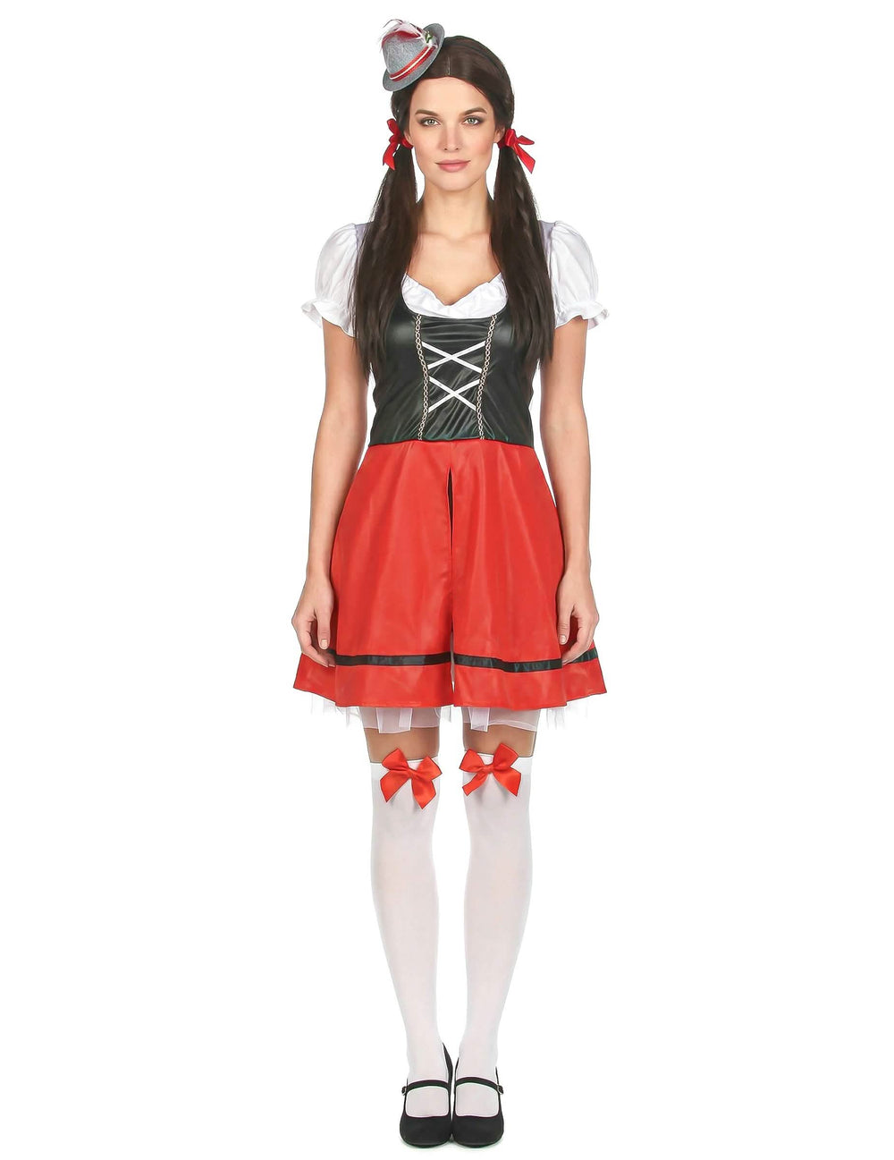 Vue d'ensemble du déguisement de bavaroise pour femme noire et rouge