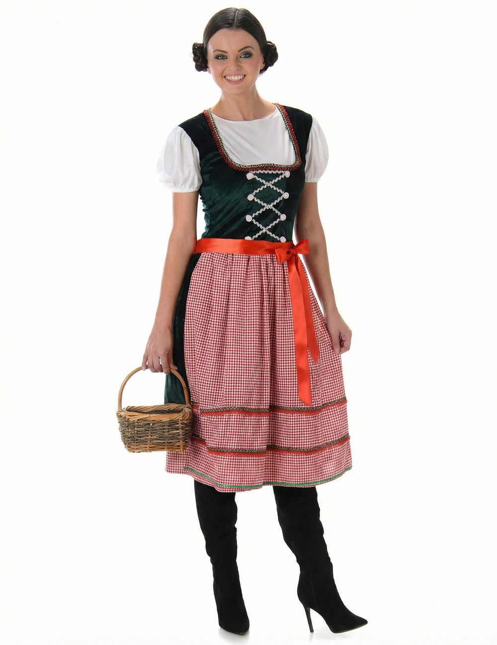 Déguisement de bavaroise robe longue pour femme vert et rouge à carreaux
