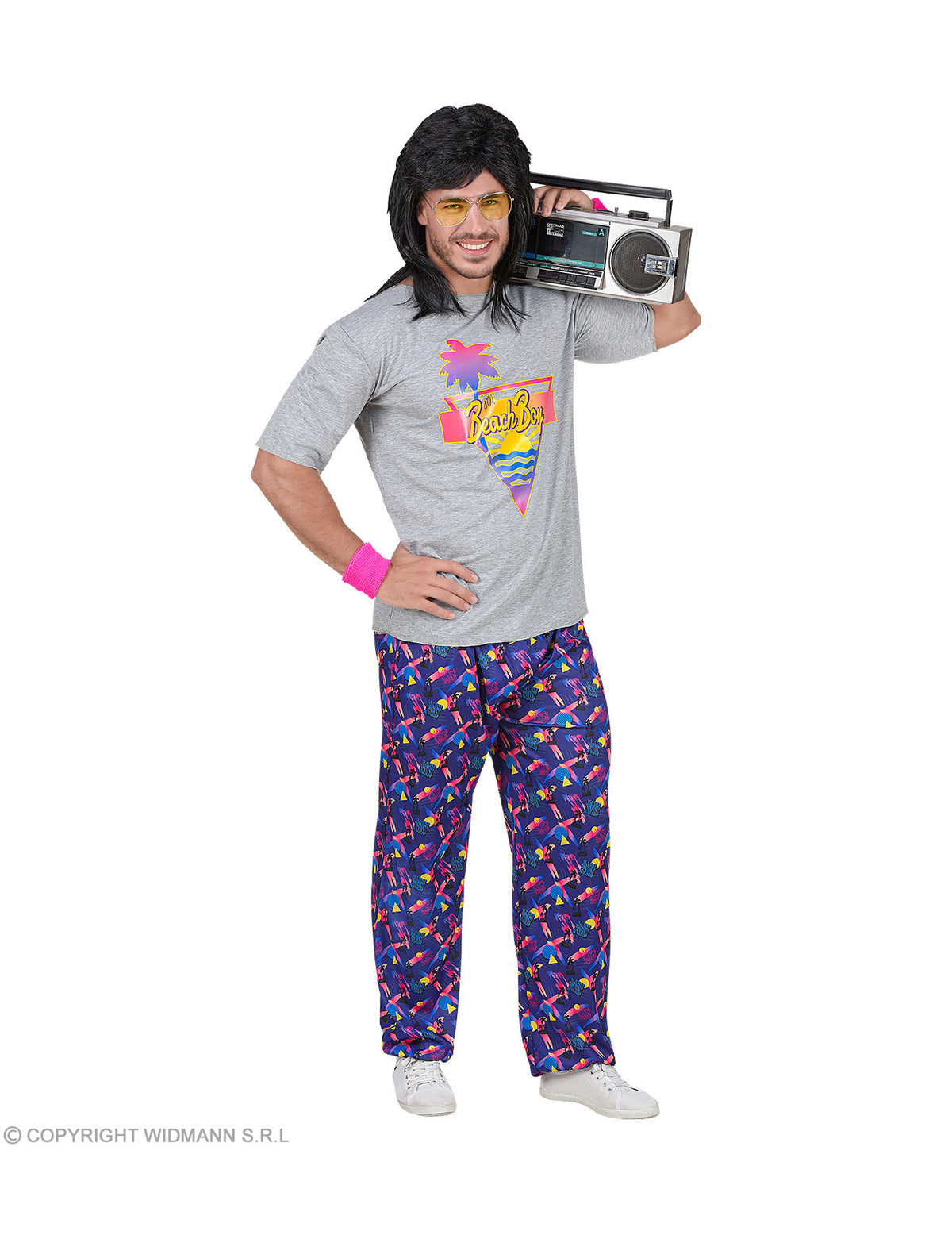 Vue de face avec radio cassette sur l'épaule du déguisement beach boy année 80 pour homme