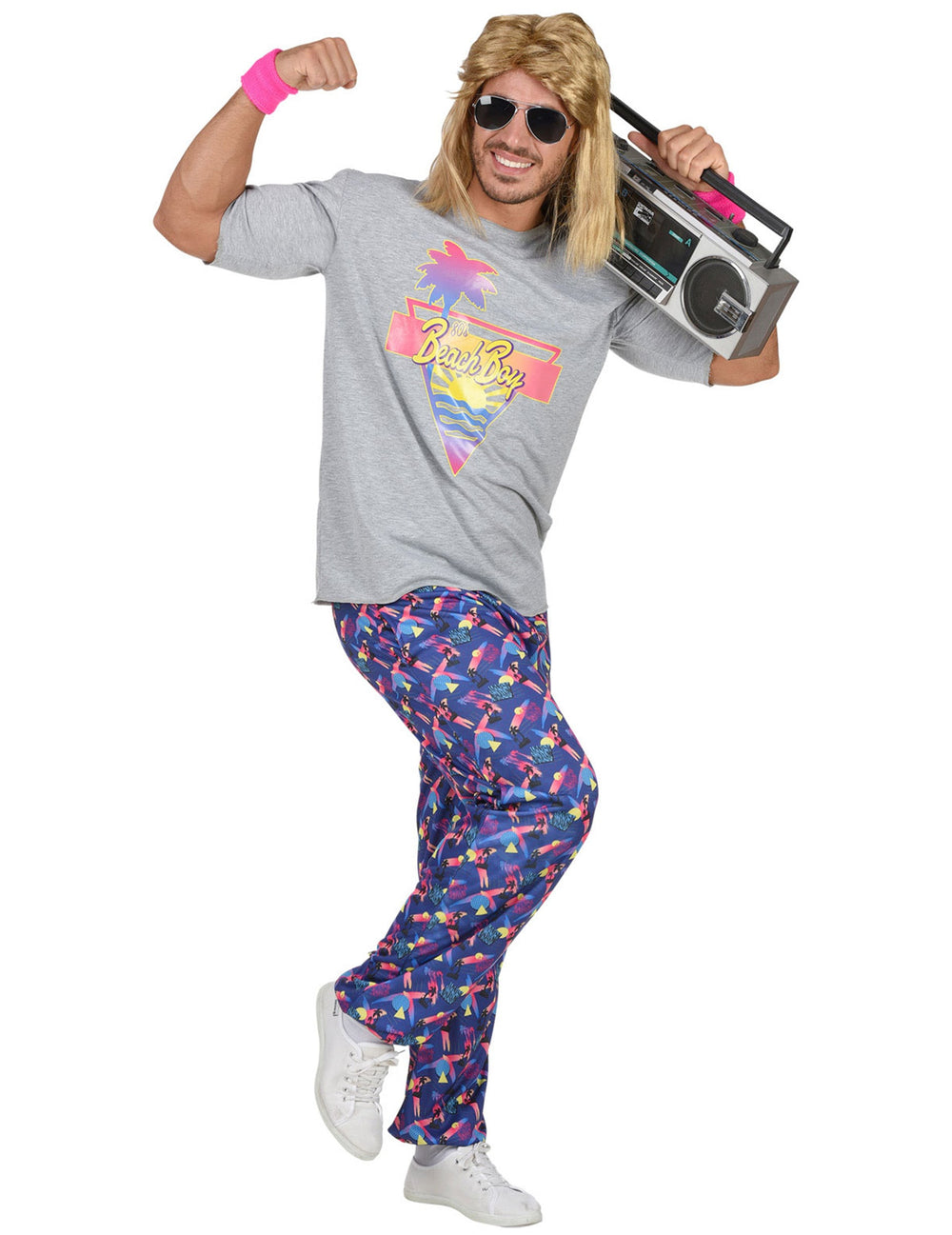 Déguisement beach boy année 80 pour homme gris avec pantalon bleu imprimé et perruque blonde