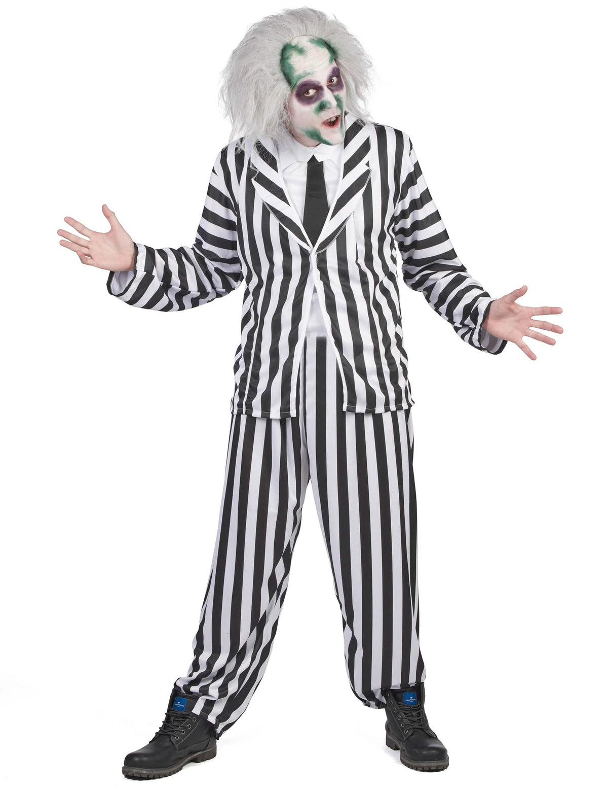 Vista frontal do disfarce Beetlejuice para homem