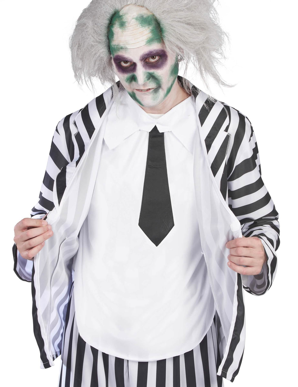 Detalhe do casaco e da gravata do disfarce Beetlejuice para homem