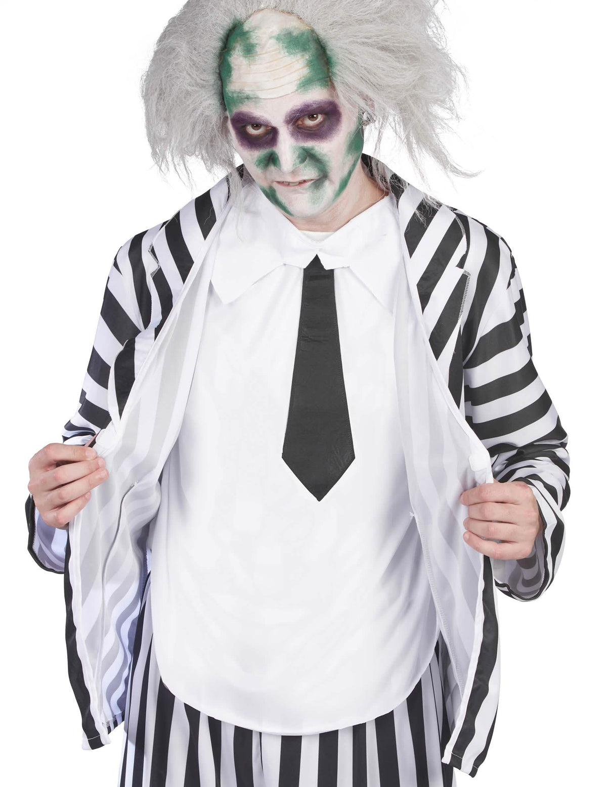 Detalhe do casaco e da gravata do disfarce Beetlejuice para homem