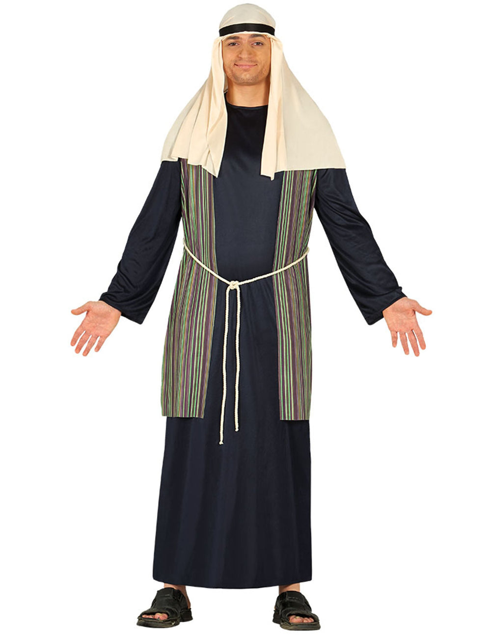 Déguisement de berger pour homme bleu avec gilet à rayures et coiffe