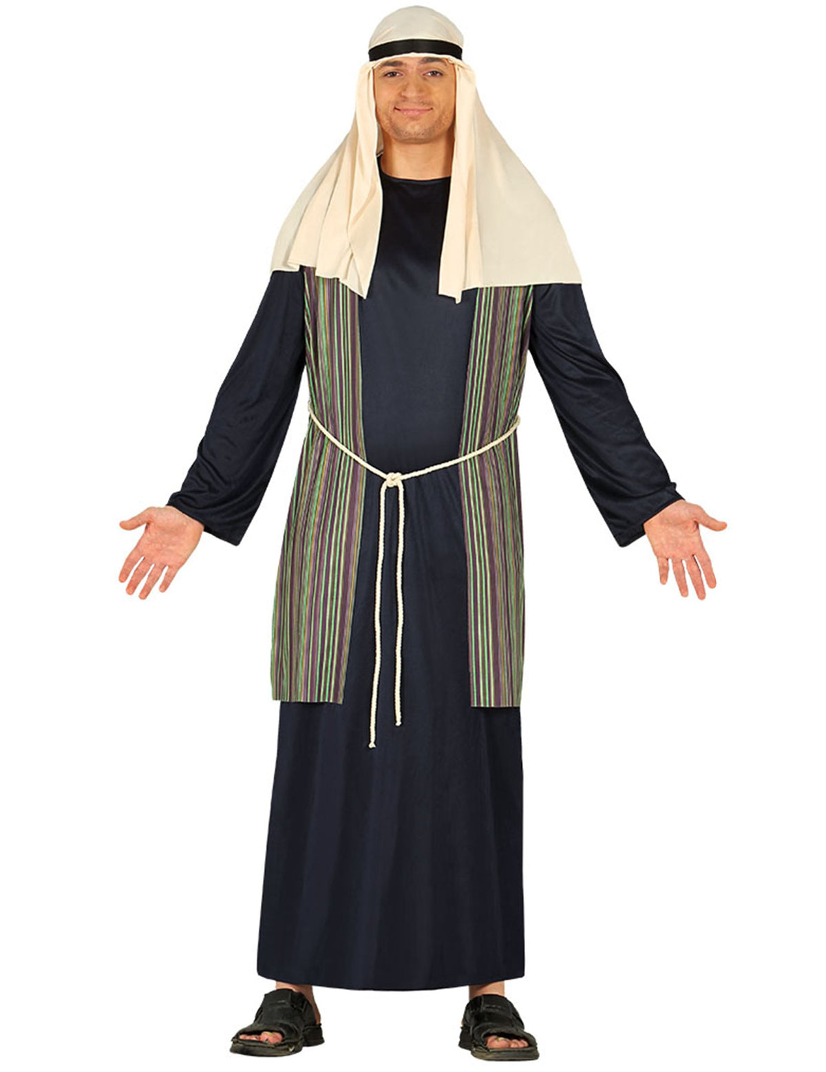 Déguisement de berger pour homme bleu avec gilet à rayures et coiffe