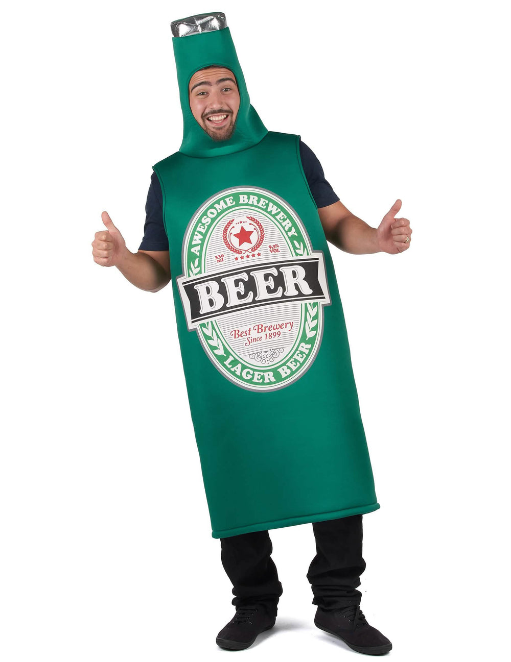 Fato de cerveja para adulto verde em forma de garrafa